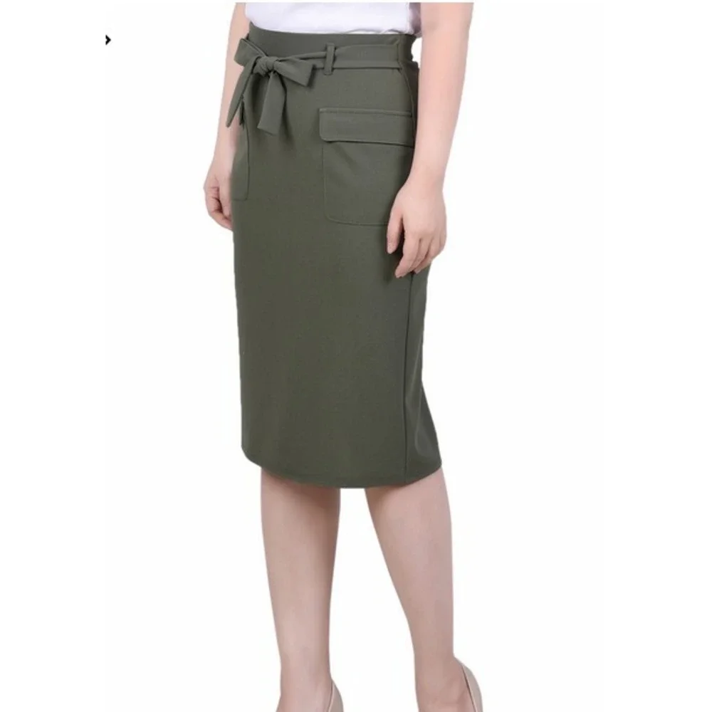 NY Collection Olive Green Petite Slim Belted Scuba Crepe Cargo Skirt Medium Chic